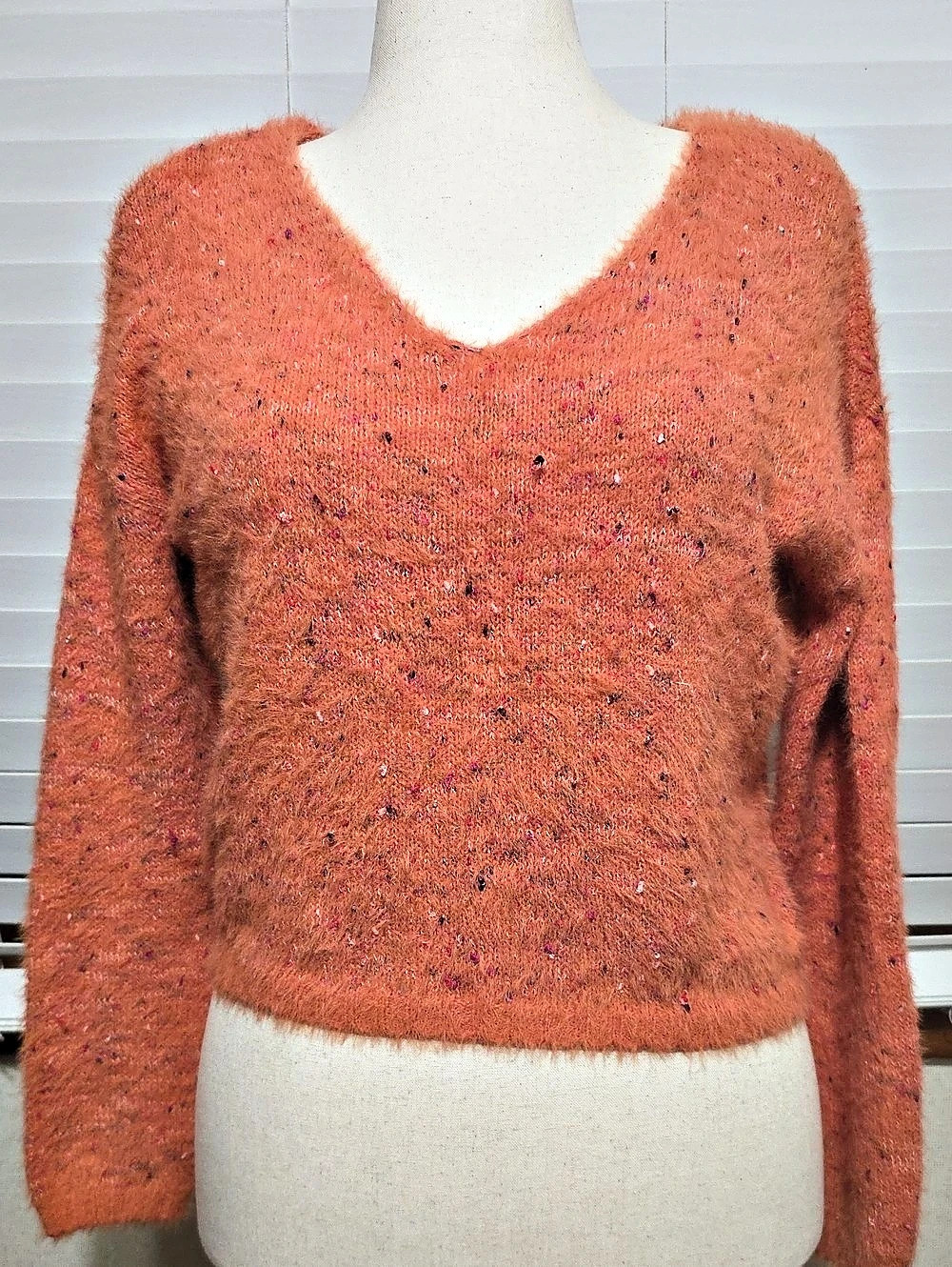 Anthropologie Eyelash Pullover Sweater Orange V-Neck